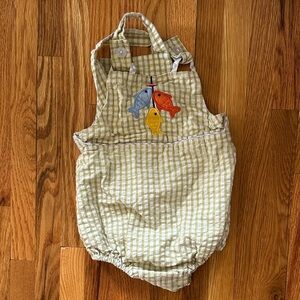 Little English Green Check Seersucker Bubble Romper with Fish Appliqué